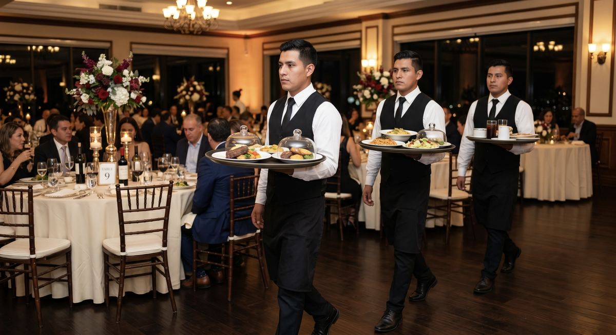 Meseros uniformados atendiendo un banquete de graduación